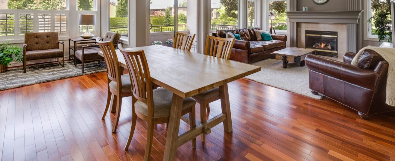 rectangular brown wooden table and chair set