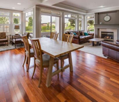 rectangular brown wooden table and chair set